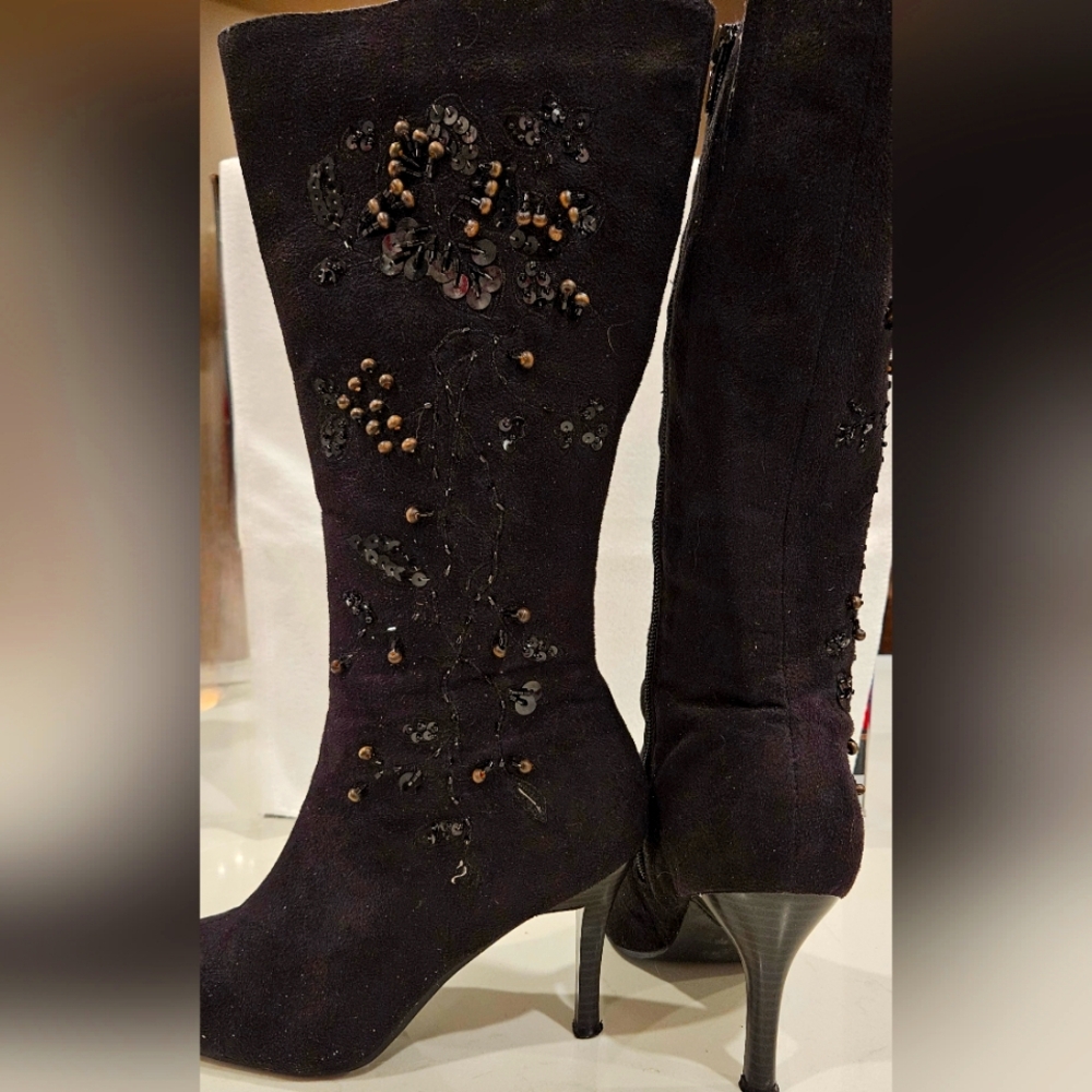 Black Beaded Heeled Boot Size 7